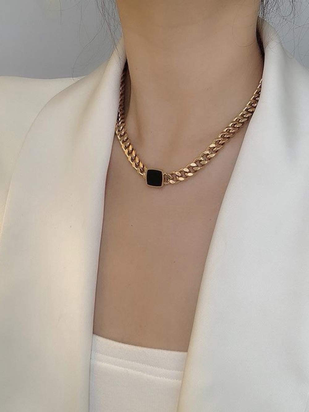 Gold Chain Necklace and Bracelet Set with Black Accent - Picture 4 of 5